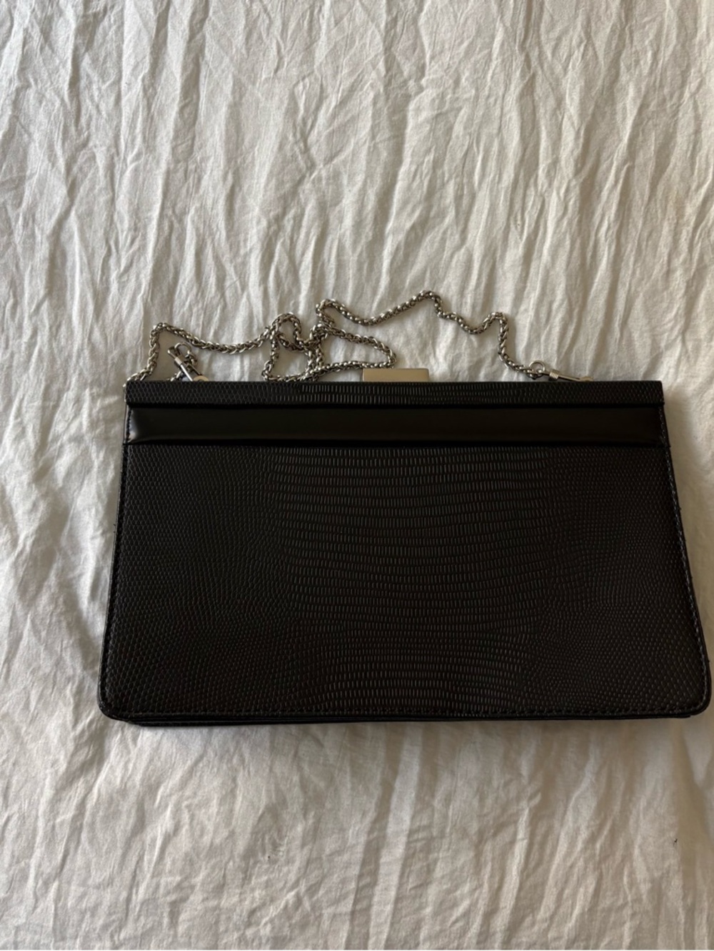 Vintage Black Textured Faux Leather Crossbody Clutch with Silver Chain